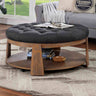 Guis Transitional Round Coffee Table with Tufted Linen Top - Natural/Dark Gray