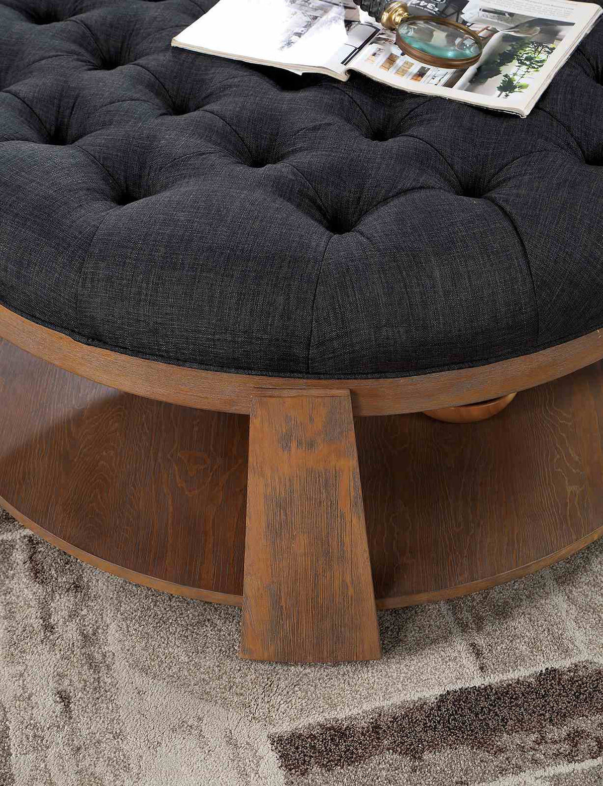 Guis Transitional Round Coffee Table with Tufted Linen Top - Natural Tone with Beige or Dark Gray – Natural & Beige, view 4
