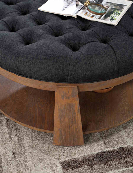 Guis Transitional Round Coffee Table with Tufted Linen Top - Natural Tone with Beige or Dark Gray – Natural & Beige, view 4