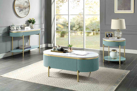 Koblenz Glam Occasional Tables - Faux Marble Top with Gold Steel Frame & Reeded Light Teal Panels – Green & Gold, view 4