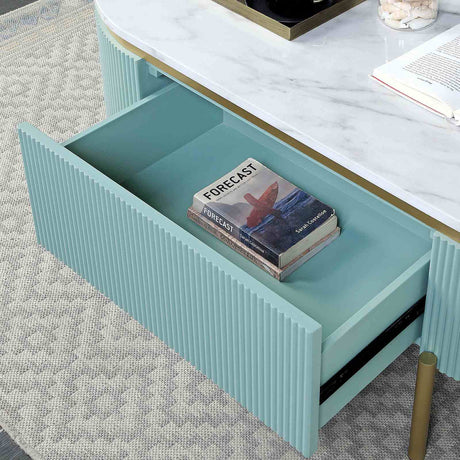 Koblenz Glam Occasional Tables - Faux Marble Top with Gold Steel Frame & Reeded Light Teal Panels – Green & Gold, view 5