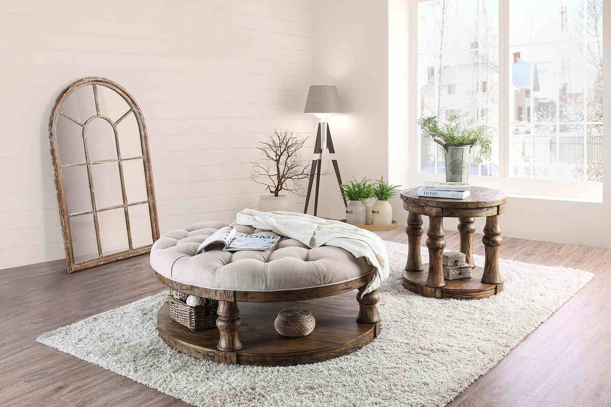 Mika Rustic Round Coffee Table with Cushion Top & Open Shelf - Antique Oak – Brown & Natural, view 2