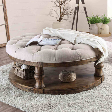 Mika Rustic Round Coffee Table with Cushion Top & Open Shelf - 