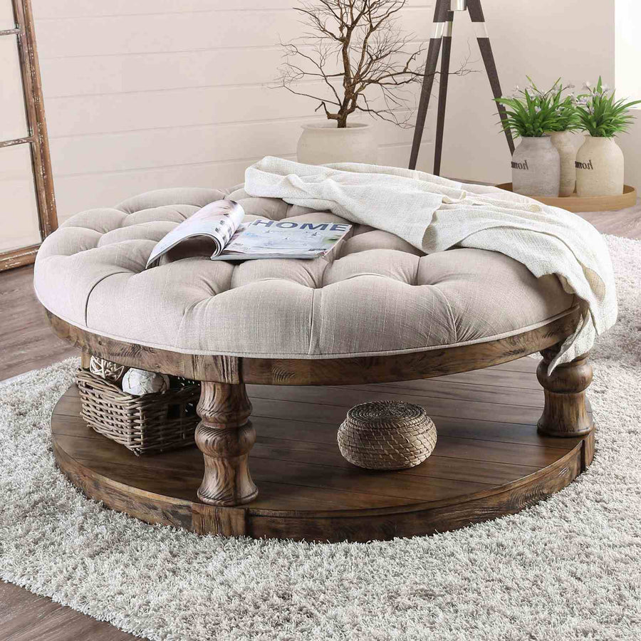 Mika Rustic Round Coffee Table with Cushion Top & Open Shelf - Antique Oak