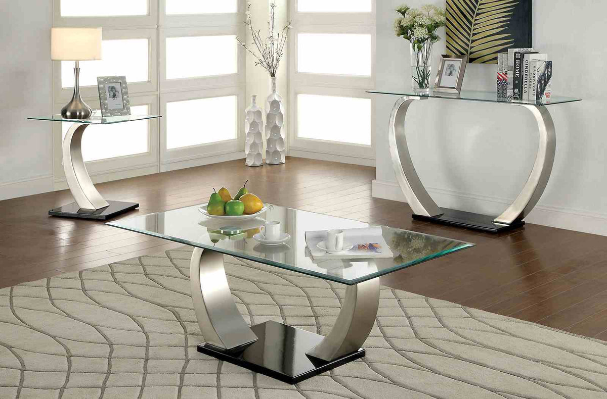 Roxo Contemporary Glass Sofa Table - Curving Pedestal in Satin Plated Steel & Black – Silver & Black, view 2