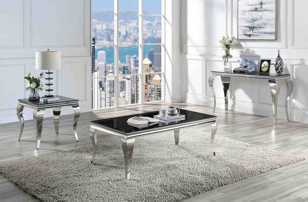 Wetzikon Glam Stainless Steel & Glass Occasional Tables - Coffee, End & Sofa Table – Black & White, view 7