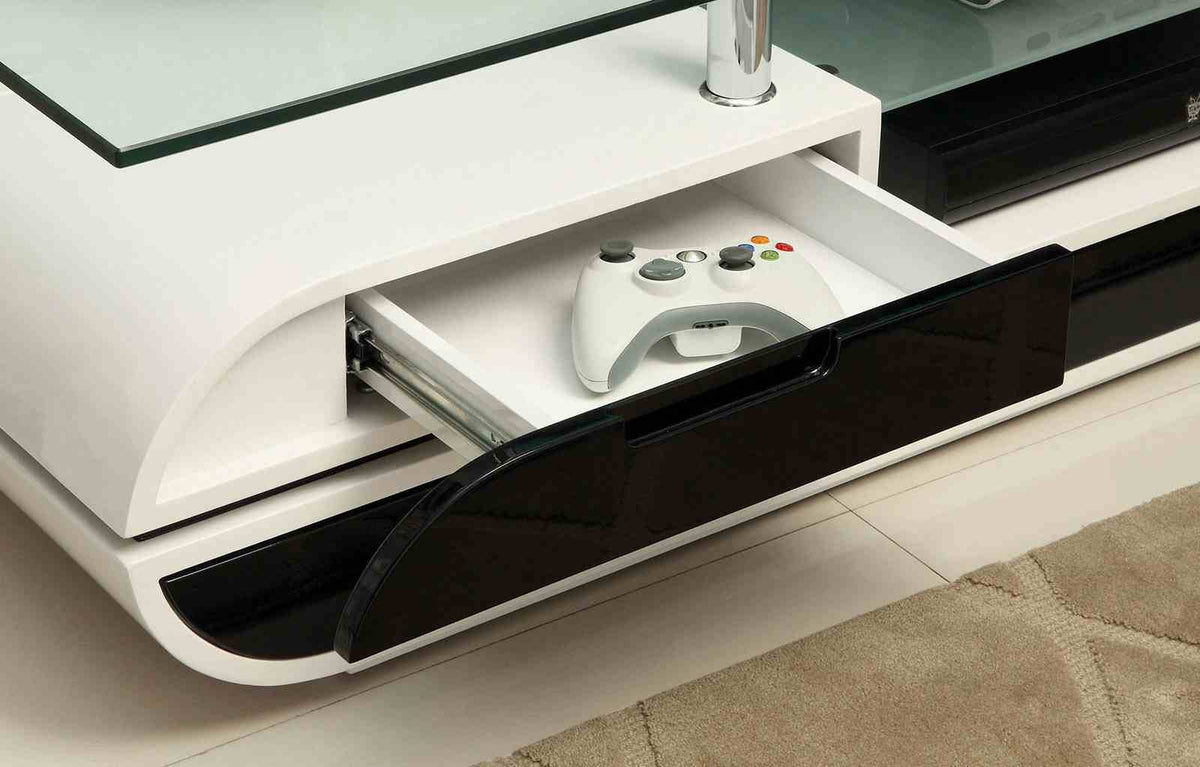 Evos Contemporary 63" TV Console - High Gloss Black & White Lacquer with Glass Top & Chrome Posts – Black & White, view 3
