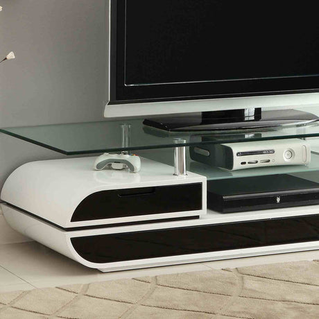 Evos Contemporary 63" TV Console - High Gloss Black & White Lacquer with Glass Top & Chrome Posts – Black & White, view 2