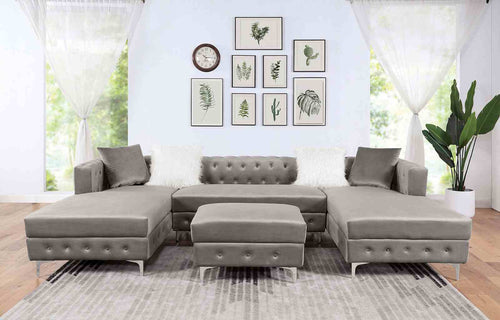 Ciabattoni Tuxedo Double Chaise Sectional & Ottoman - Button-Tufted Gray Flannelette
