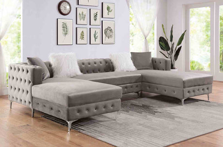 Ciabattoni Tuxedo Double Chaise Sectional & Ottoman - Button-Tufted Gray Flannelette – Gray, view 3