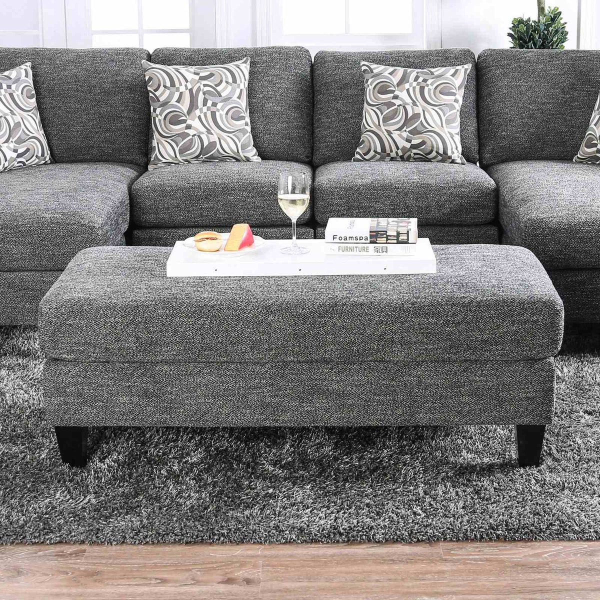 Lowry Transitional Chenille Sectional, Ottoman & Armless Chair - Gray, Pillows Included – Gray, view 7