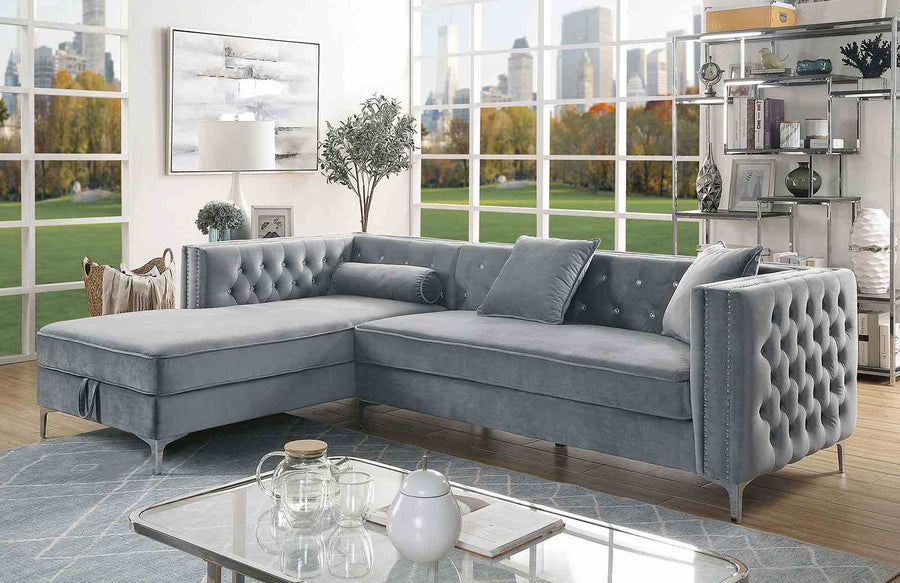 Amie Glam Tufted Sectional with Storage Chaise - Gray Flannelette, Nailhead Trim & Steel Legs
