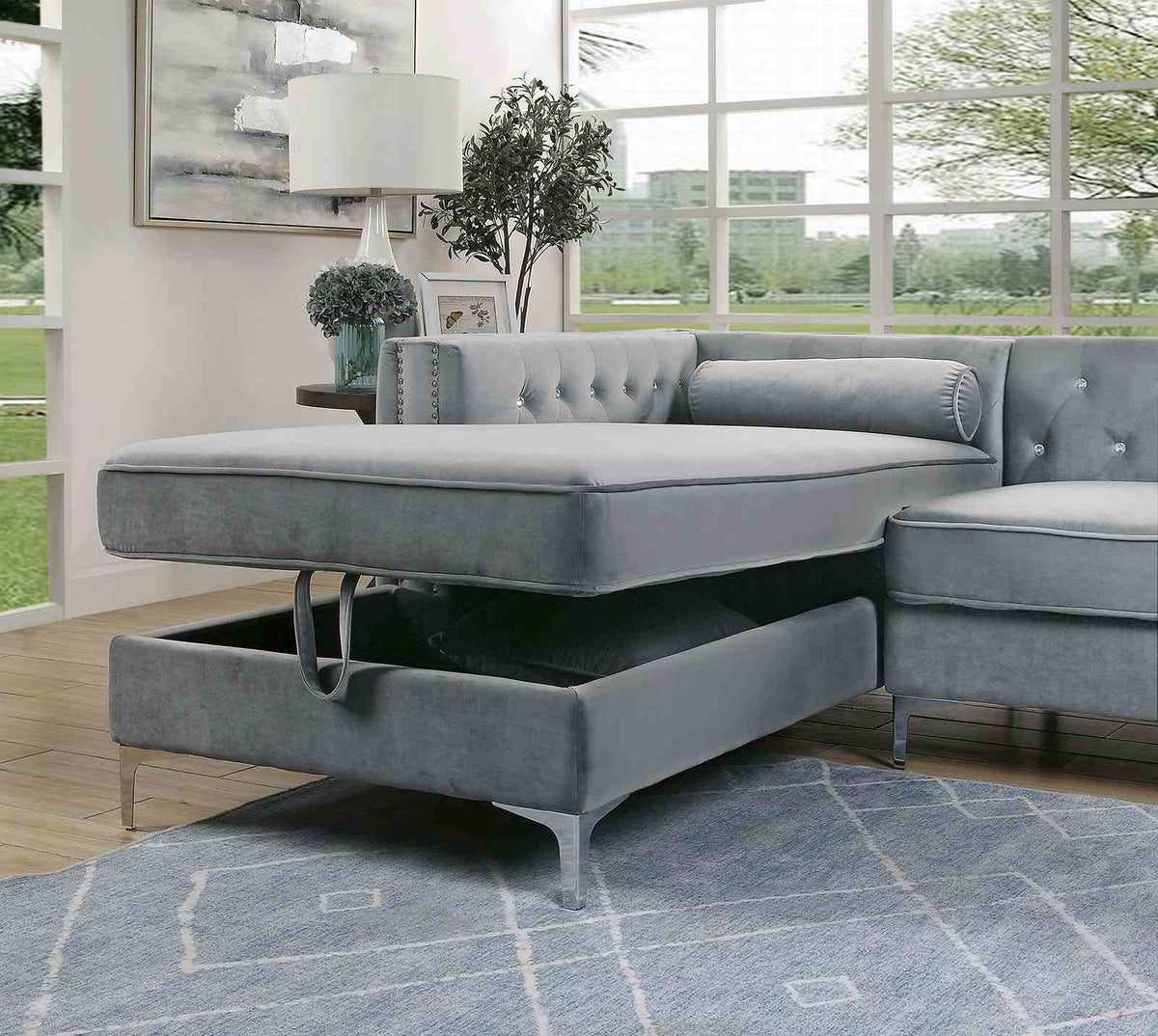 Amie Glam Tufted Sectional with Storage Chaise - Gray Flannelette, Nailhead Trim & Steel Legs – Gray, view 2