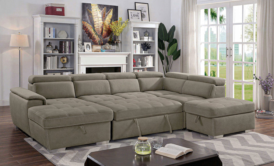 Hugo Contemporary U-Shaped Sleeper Sectional - Dual Storage Chaises & Tufted Seats in Light Brown