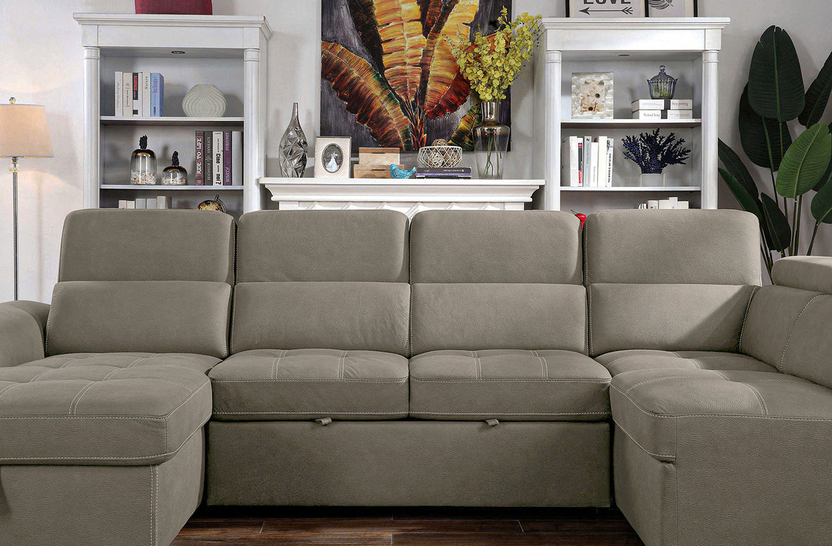 Hugo Contemporary U-Shaped Sleeper Sectional - Dual Storage Chaises & Tufted Seats in Light Brown – Brown & Beige, view 3