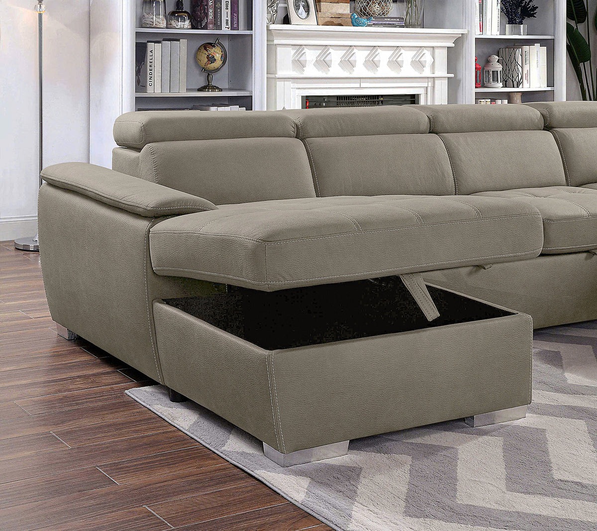 Hugo Contemporary U-Shaped Sleeper Sectional - Dual Storage Chaises & Tufted Seats in Light Brown – Brown & Beige, view 4
