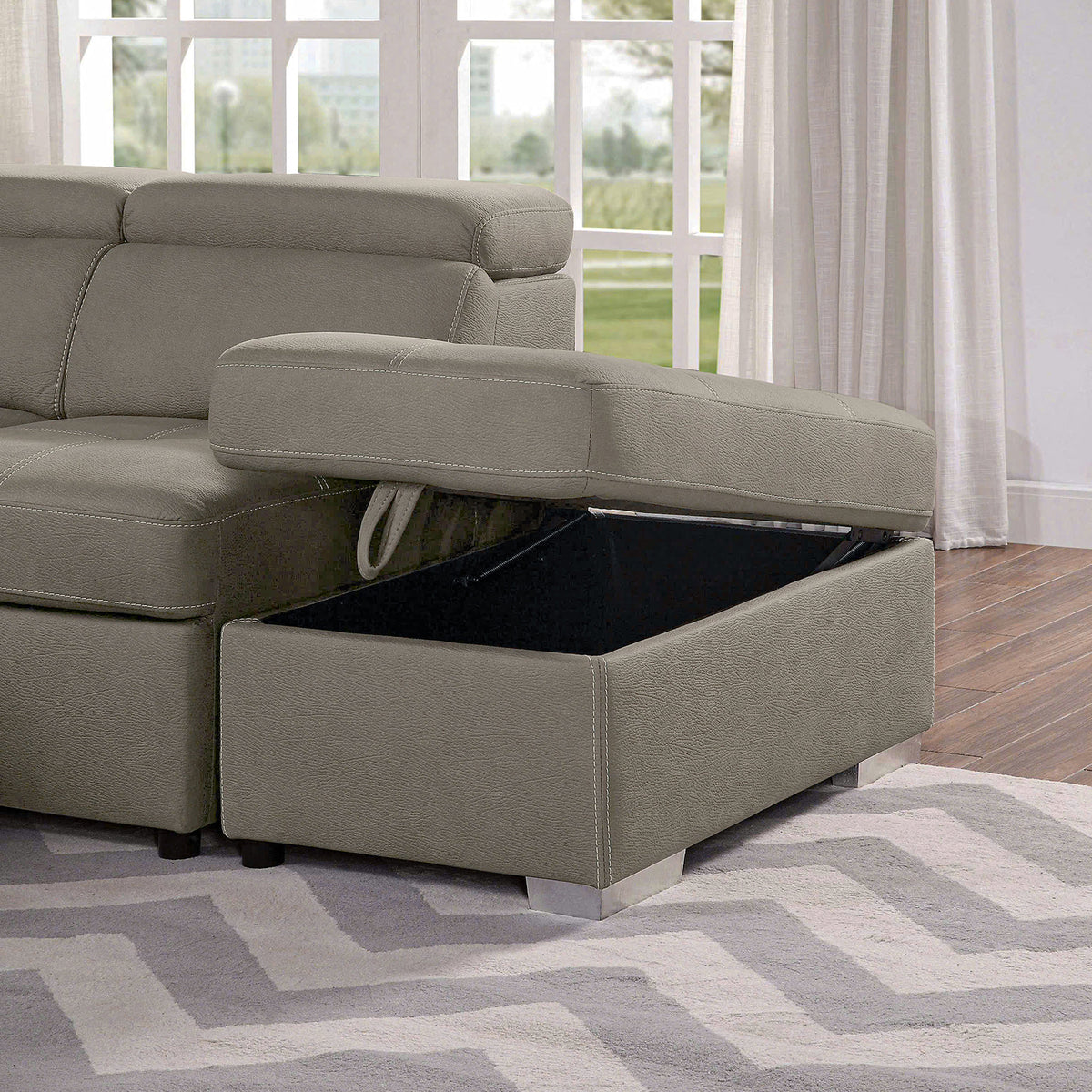 Hugo Contemporary U-Shaped Sleeper Sectional - Dual Storage Chaises & Tufted Seats in Light Brown – Brown & Beige, view 5