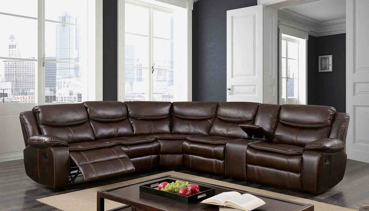 Pollux Transitional Reclining Sectional with Cup Holders & Console - Brown
