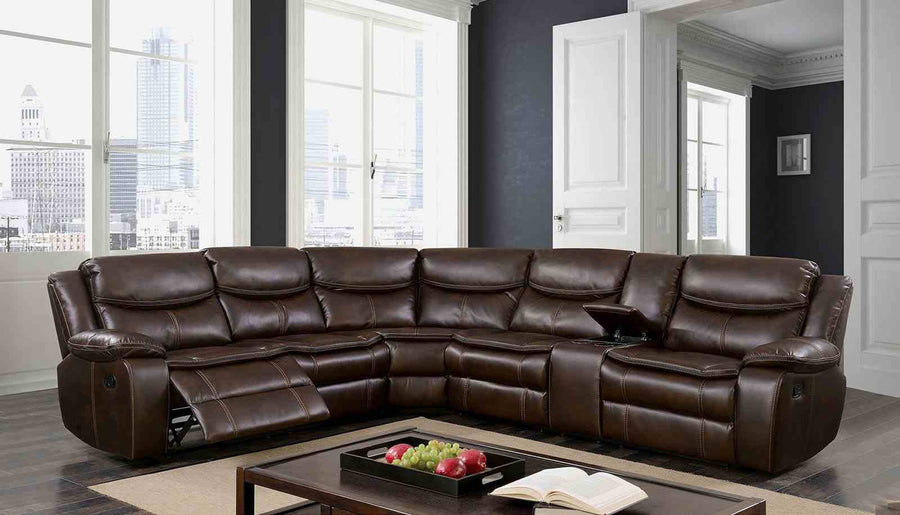 Pollux Transitional Reclining Sectional with Cup Holders & Console - Breathable Leatherette in Brown or Dark Gray