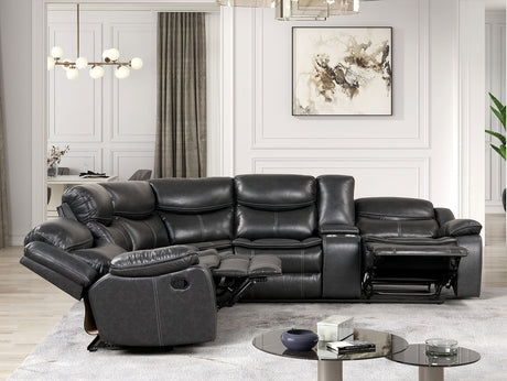 Pollux Transitional Reclining Sectional with Cup Holders & Console - Breathable Leatherette in Brown or Dark Gray – Brown & Gray, view 3