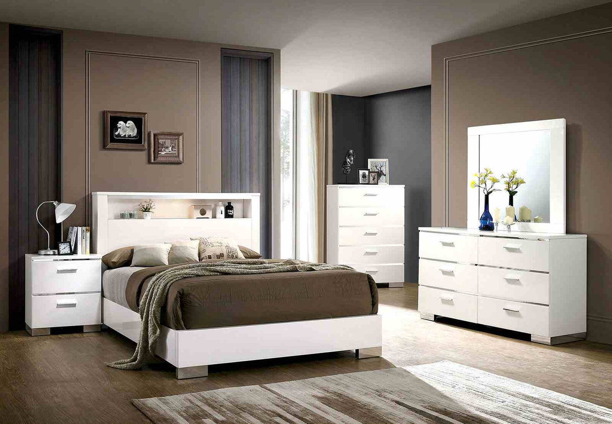 Malte Contemporary LED Platform Bed & Bedroom Collection - Headboard Shelf, USB Nightstand & White High Gloss with Chrome – White & Silver, view 2