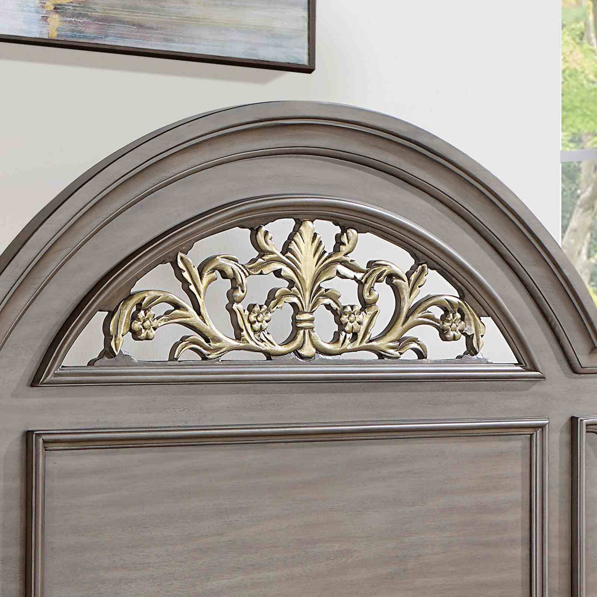 Syracuse Traditional Bed, Bedroom Set & Case Pieces - Floral Carved Headboard & Antique Brass Hardware in Dark Walnut or Gray – Brown & Gray, view 15