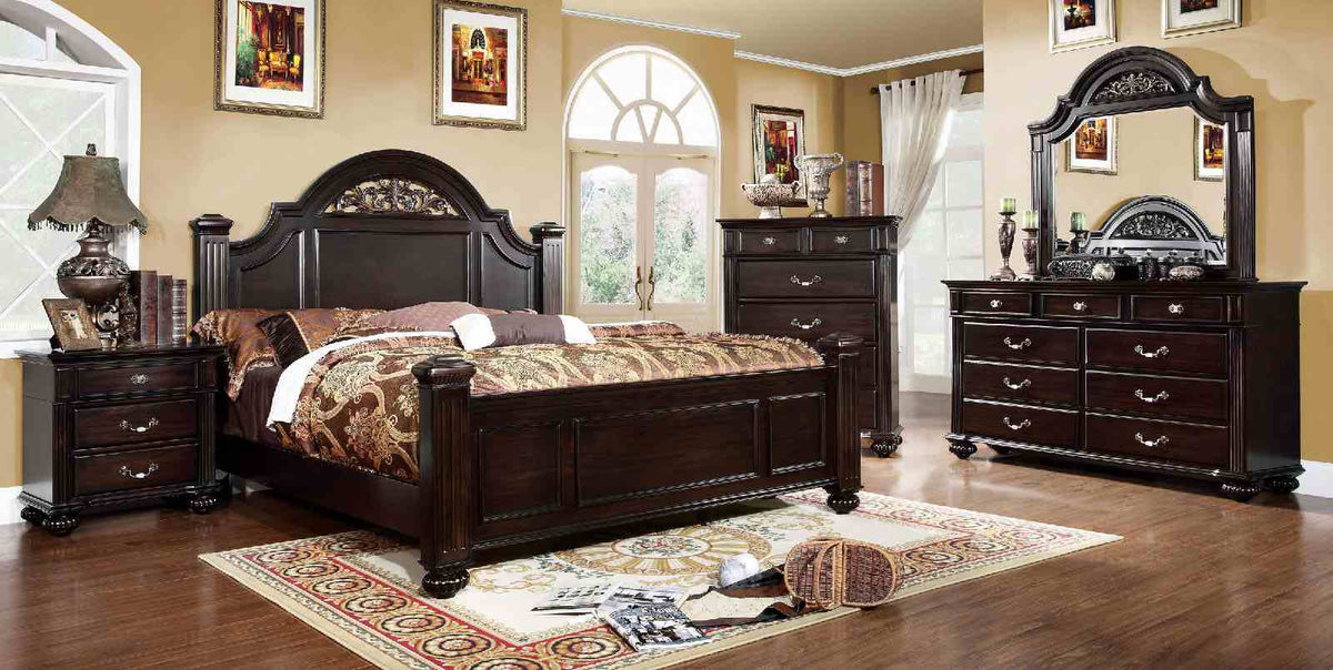 Syracuse Traditional Bed, Bedroom Set & Case Pieces - Floral Carved Headboard & Antique Brass Hardware in Dark Walnut or Gray – Brown & Gray, view 2