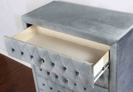 Alzir Glam Button-Tufted Upholstered Case Pieces - Dresser, Chest, Mirror & Nightstand in Velvet – Black & Gray, view 4