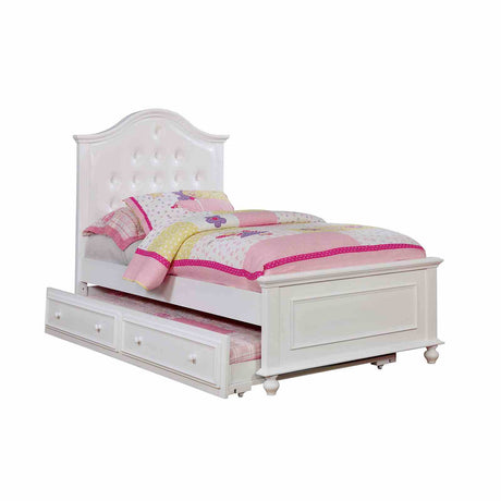 Olivia Camelback Upholstered Youth Bed, Bedroom Set & Case Pieces - Button-Tufted Leatherette with Turned Legs in White – White, view 9