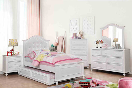 Olivia Camelback Upholstered Youth Bed, Bedroom Set & Case Pieces - Button-Tufted Leatherette with Turned Legs in White – White, view 2