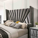 Carissa Art Deco Wingback Upholstered Bed, Bedroom Set & Case Pieces - Nailhead Trim & Glass Tops in Black or Gray – Black & Gray, view 17