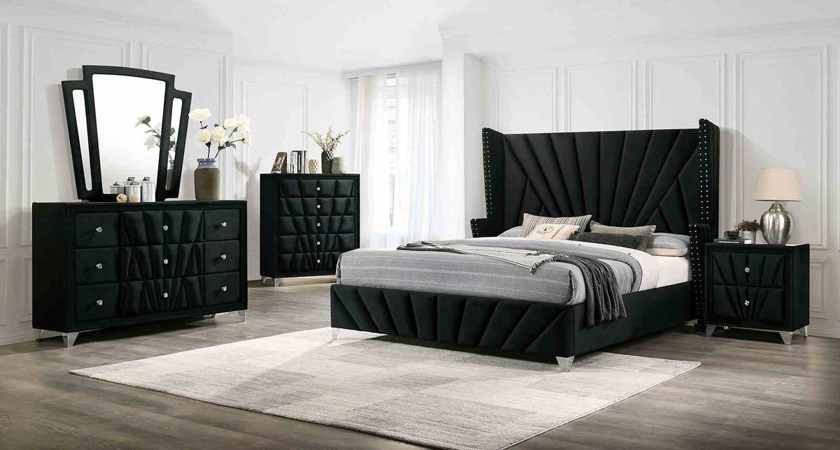 Carissa Art Deco Wingback Upholstered Bed, Bedroom Set & Case Pieces - Queen Bed Only