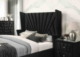 Carissa Art Deco Wingback Upholstered Bed, Bedroom Set & Case Pieces - Nailhead Trim & Glass Tops in Black or Gray – Black & Gray, view 11