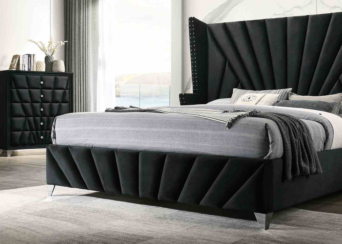 Carissa Art Deco Wingback Upholstered Bed, Bedroom Set & Case Pieces - Nailhead Trim & Glass Tops in Black or Gray – Black & Gray, view 12
