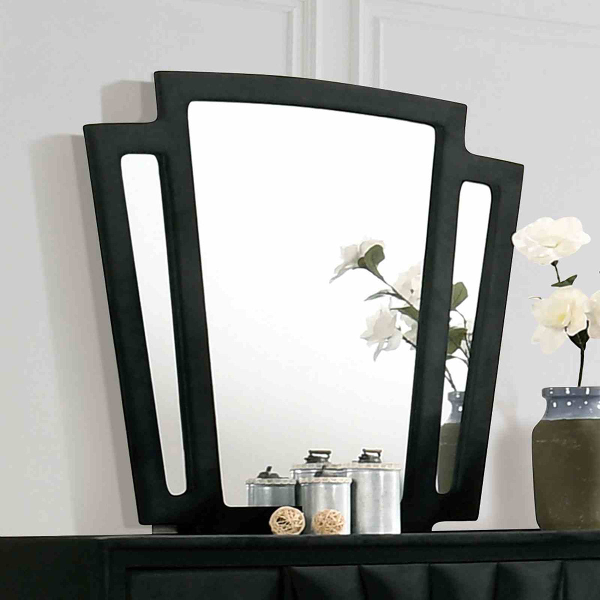 Carissa Art Deco Wingback Upholstered Bed, Bedroom Set & Case Pieces - Mirror