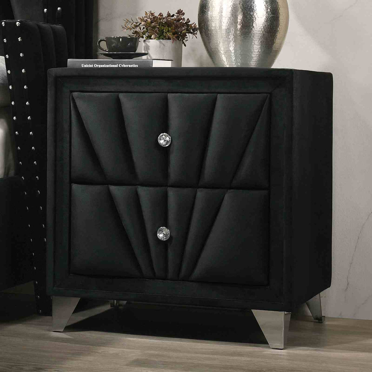 Carissa Art Deco Wingback Upholstered Bed, Bedroom Set & Case Pieces - Nightstand