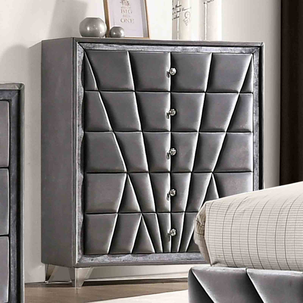 Carissa Art Deco Wingback Upholstered Bed, Bedroom Set & Case Pieces - Chest