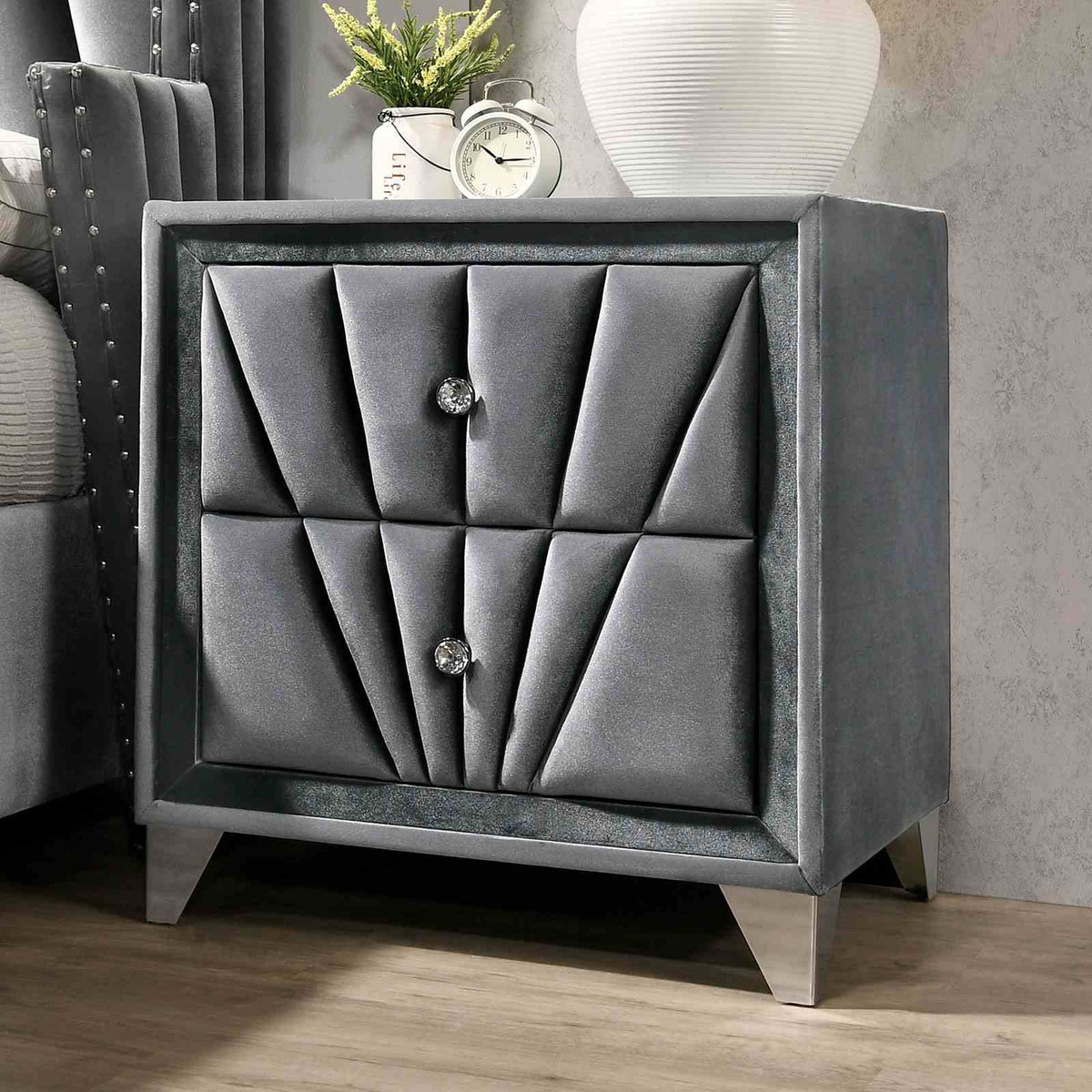 Carissa Art Deco Wingback Upholstered Bed, Bedroom Set & Case Pieces - Nailhead Trim & Glass Tops in Black or Gray – Black & Gray, view 20