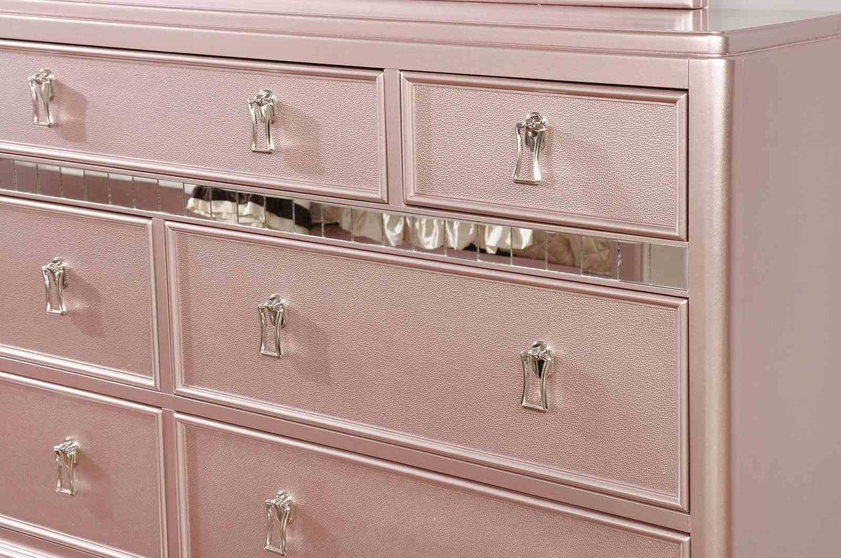 Ariston Glam Rose Gold Upholstered Bed, Youth Bedroom Set & Case Pieces - Crystal Button Tufting & Mirror Trim – Gold & Pink, view 13