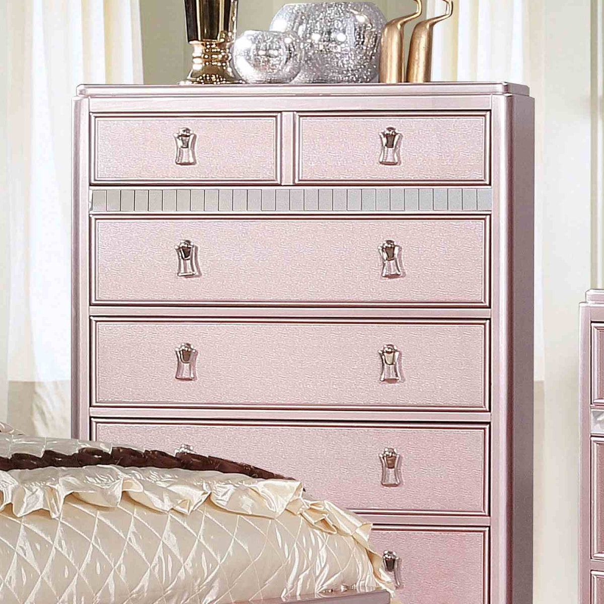 Ariston Glam Rose Gold Upholstered Bed, Youth Bedroom Set & Case Pieces - Crystal Button Tufting & Mirror Trim – Gold & Pink, view 14