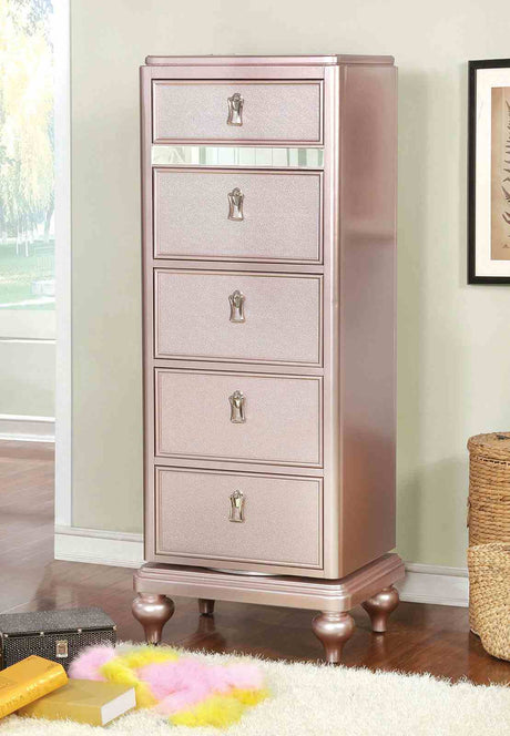 Ariston Glam Rose Gold Upholstered Bed, Youth Bedroom Set & Case Pieces - Swivel Chest with Mirror
