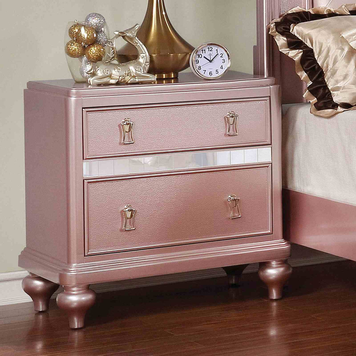 Ariston Glam Rose Gold Upholstered Bed, Youth Bedroom Set & Case Pieces - Nightstand