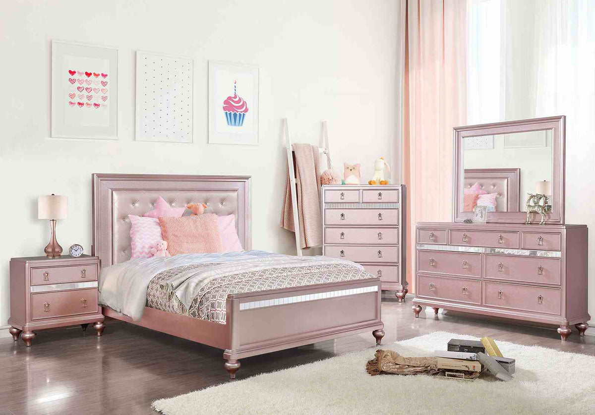 Ariston Glam Rose Gold Upholstered Bed, Youth Bedroom Set & Case Pieces - Crystal Button Tufting & Mirror Trim – Gold & Pink, view 2