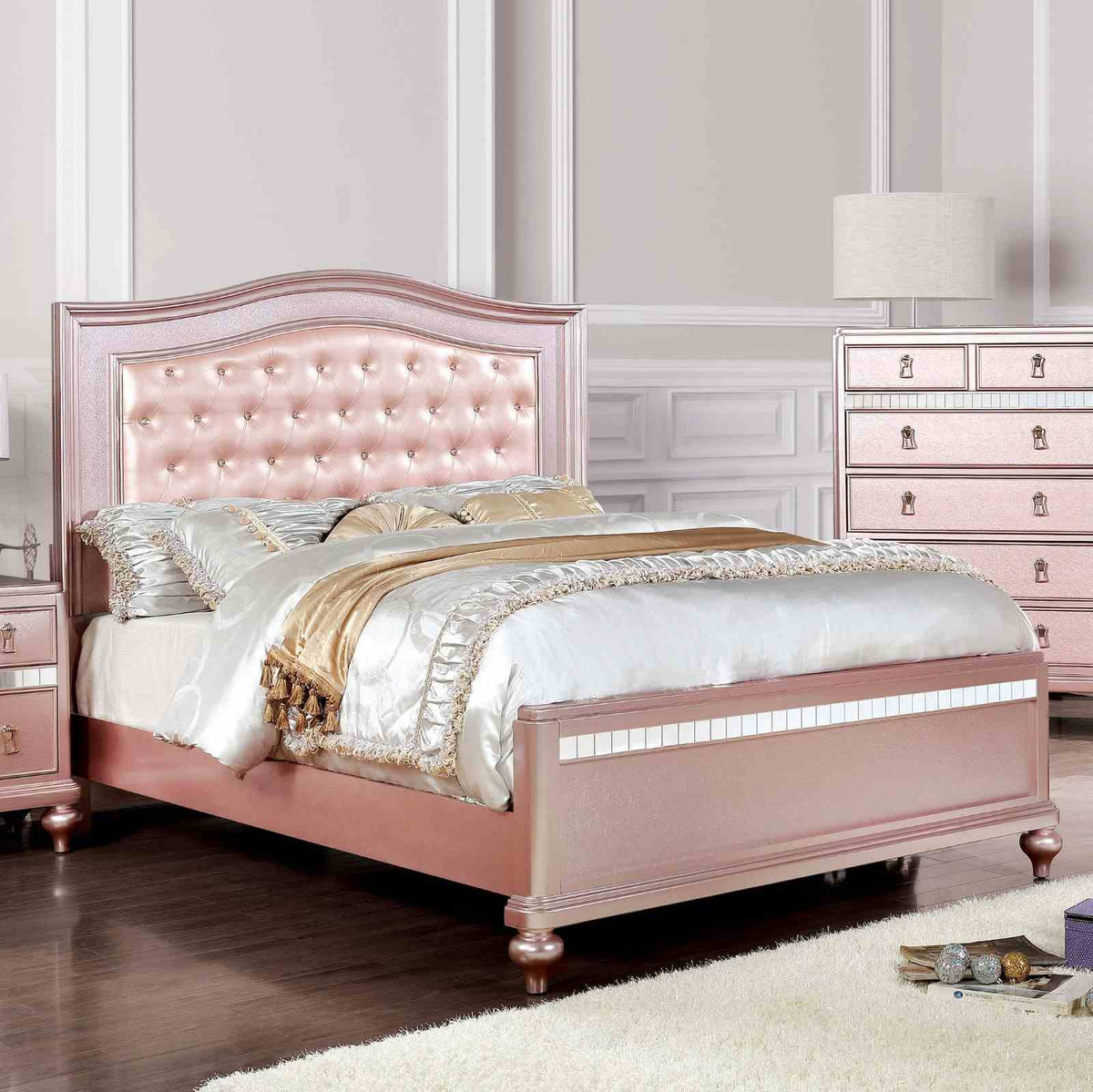 Ariston Glam Rose Gold Upholstered Bed, Youth Bedroom Set & Case Pieces - Twin Bed Only - Design 2