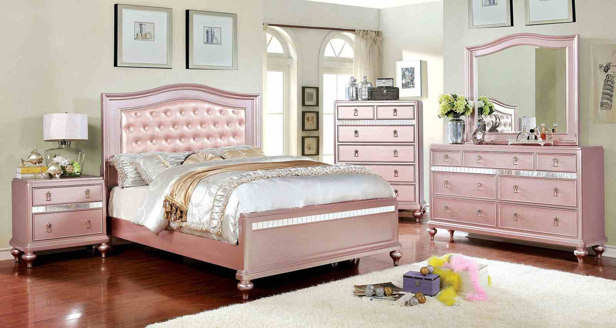 Ariston Glam Rose Gold Upholstered Bed, Youth Bedroom Set & Case Pieces - Crystal Button Tufting & Mirror Trim – Gold & Pink, view 4