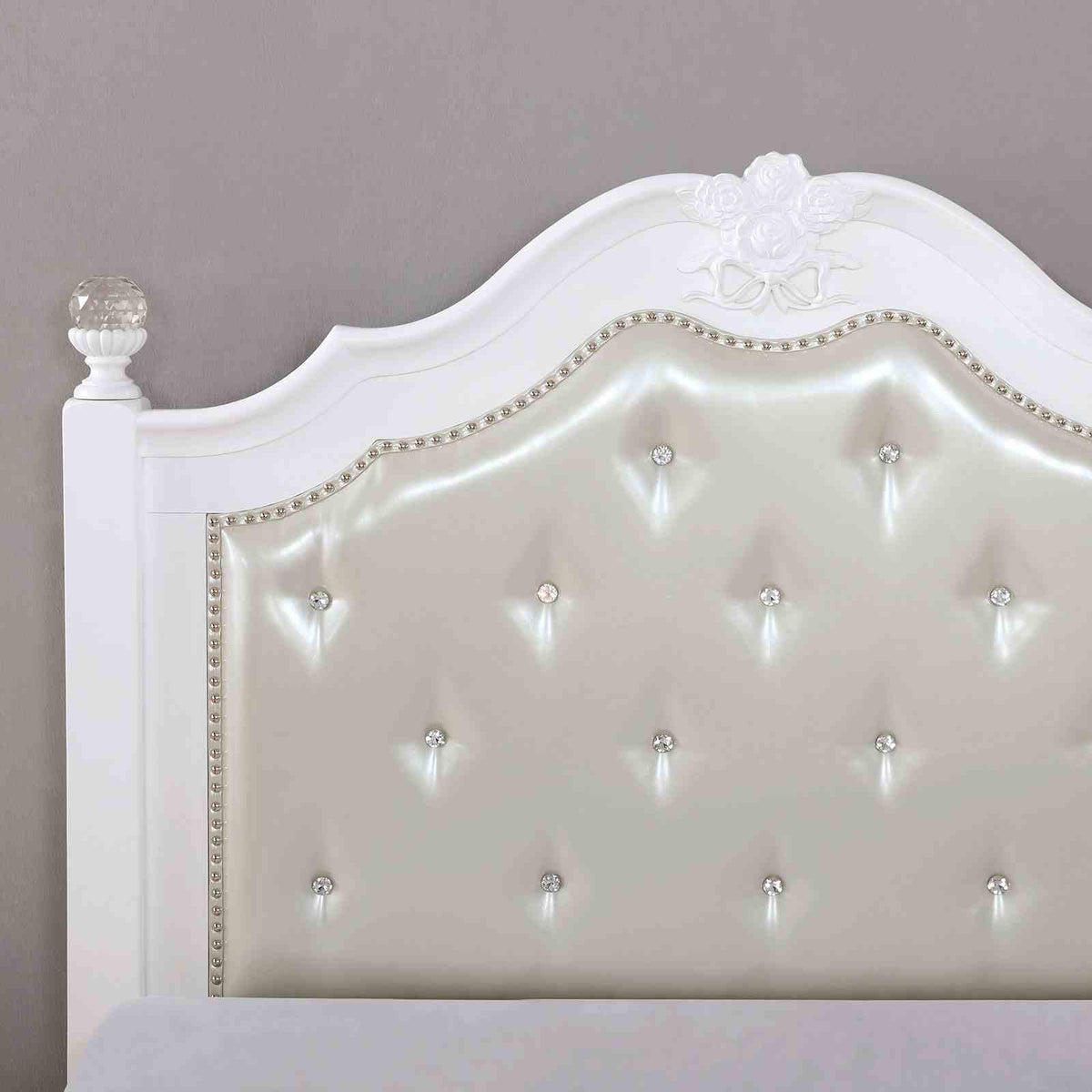 Belva Traditional Upholstered Youth Bed, Bedroom Set & Case Pieces - Tufted Headboard with Nailhead Trim in White – White, view 6