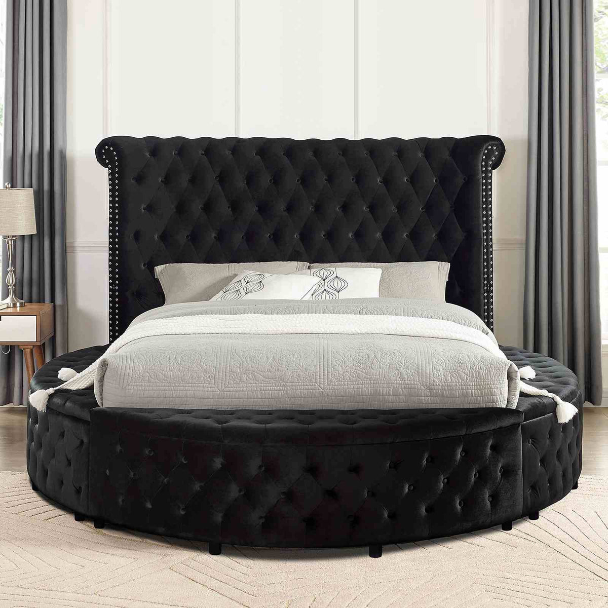 Sansom Glam Wingback Storage Bed & Bedroom Set - Crystal Button Tufting & USB Ports in Black or Gray – Black & Gray, view 6