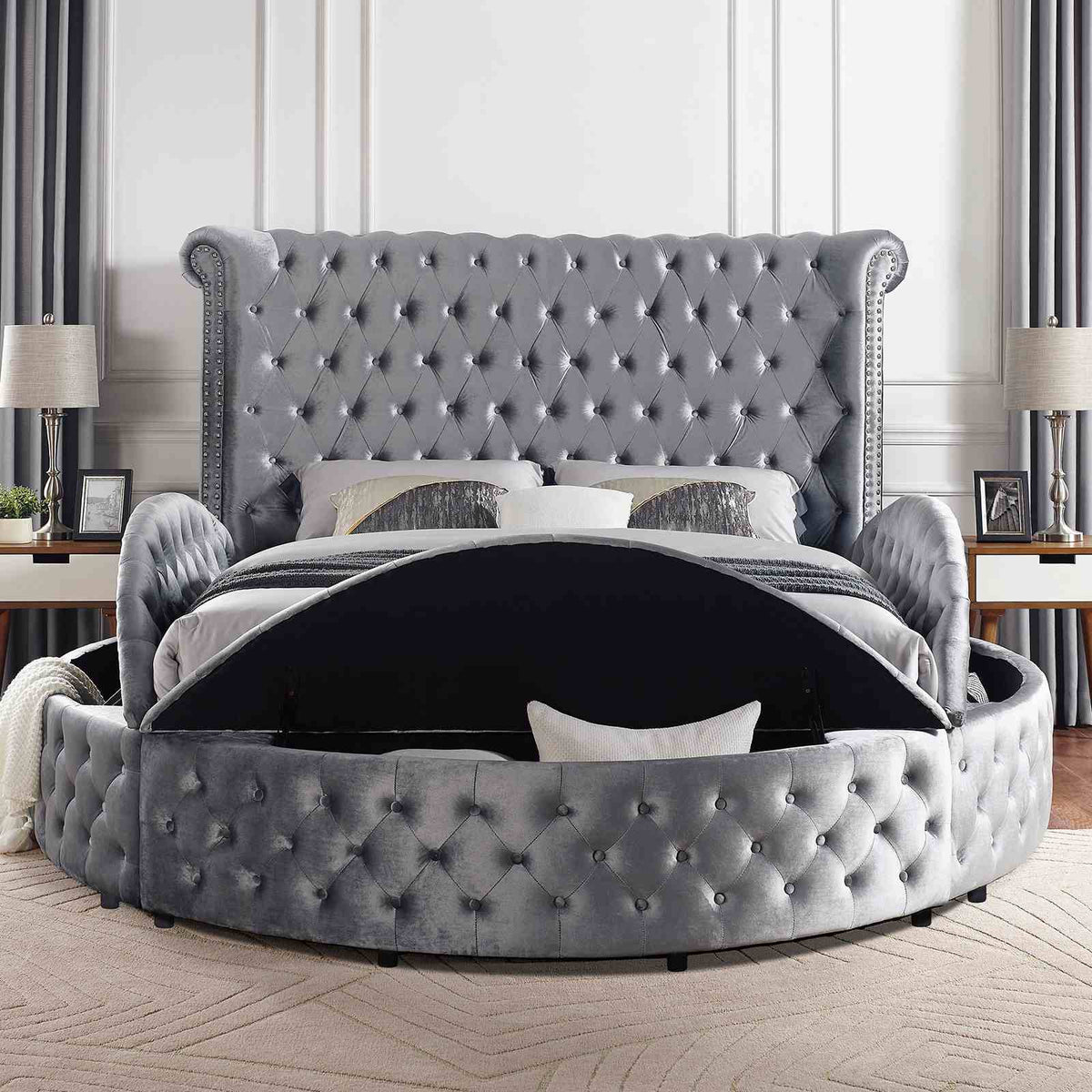 Sansom Glam Wingback Storage Bed & Bedroom Set - Crystal Button Tufting & USB Ports in Black or Gray – Black & Gray, view 8