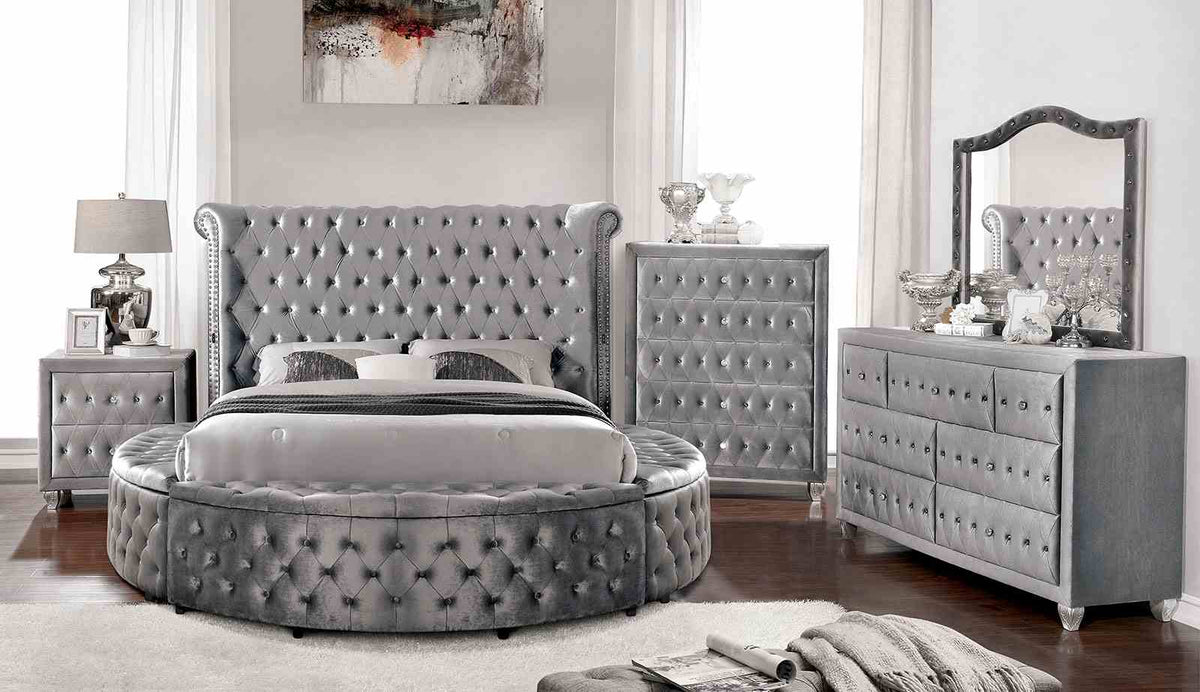 Sansom Glam Wingback Storage Bed & Bedroom Set - Crystal Button Tufting & USB Ports in Black or Gray – Black & Gray, view 12