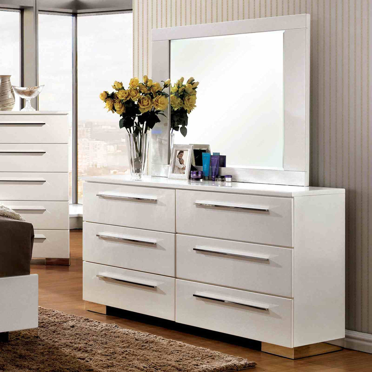 Clementine Contemporary Upholstered LED Bed & Bedroom Collection - Button-Tufted Headboard & Chrome Accents in Glossy White – White & Silver, view 9